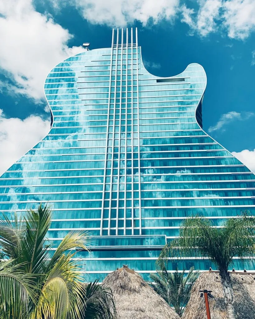 The Seminole Hard Rock Guitar Shaped Hotel and Casino Under Blue Sky